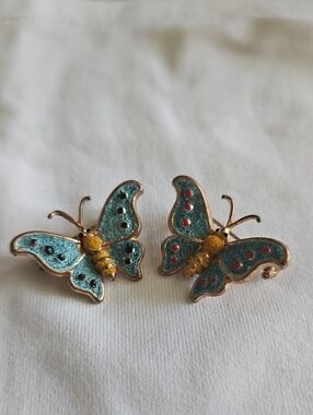 Vintage Enamel Butterfly Pins - Teal & Gold